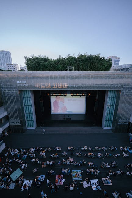 Aerial view of an audience watching a movie outdoors at an urban amphitheater.